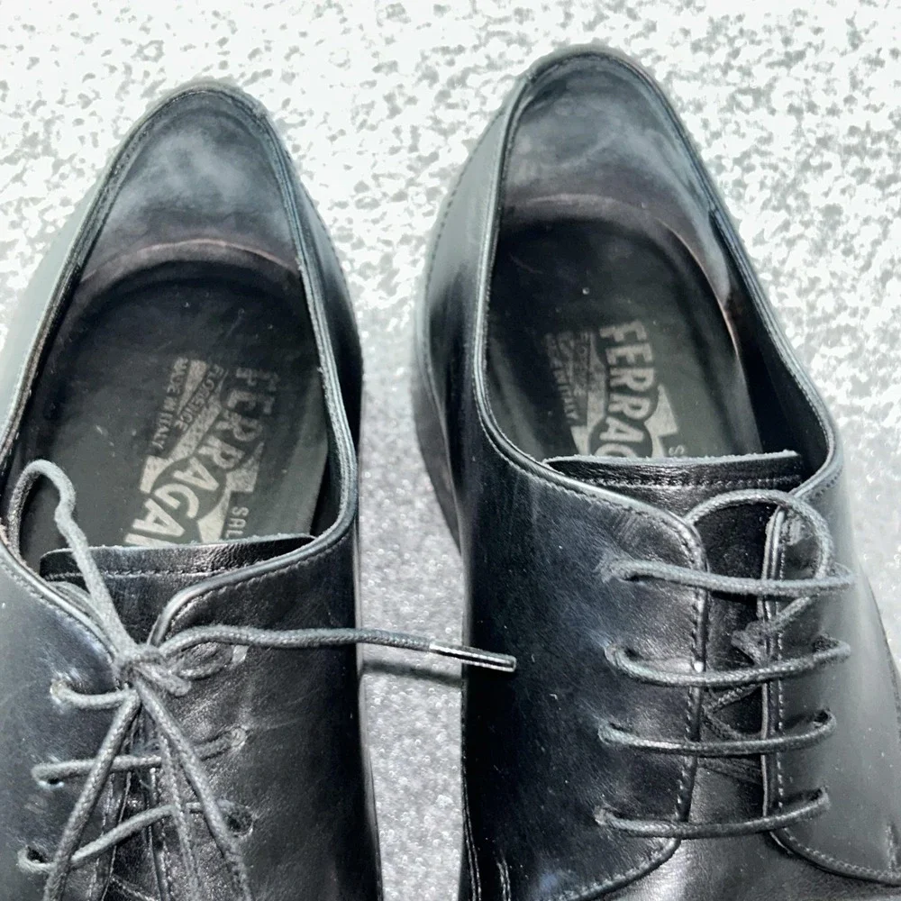 Salvatore Ferragamo Shoes Mens 10 D Black Cap Toe Dress Derby 76VF 78124 Italy